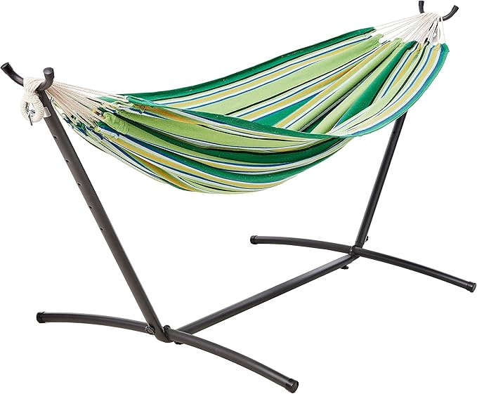 Amazon Basics Double Hammock with 9-Foot Space Saving Steel Stand and Carrying Case 450 lb Capacity Vigor Green 110 x 47 x 43
