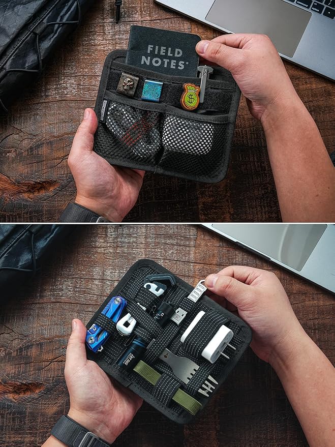 TACTICAL_GEEK TCM8 EDC Organizer Board Anti-Slip Elastic Woven Board Utility Bag Insert Panel for Small Gear Backpack Accessories with Open Pocket &amp Mesh Pocket (Black)
