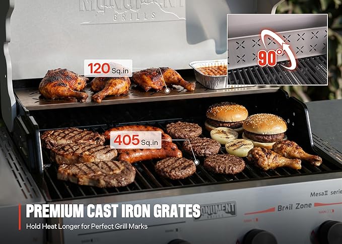 Monument Grills 4 Burner Propane Mesa 2 Gas Grill with Broil Zone Stainless Steel Outdoor Patio Barbecue Grill with Cover Foldable Side Shelves Fast Heating Assembles in 30 Mins Mesa II 410FBZ