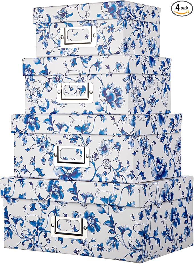Briful Blue and White Porcelain Storage Boxes with Lids Set of 4 – Chinoiserie Nested Card Photo Storage Box Organizer Decorative Paperboard Box for Closet Office GiftsCosmeticBooks