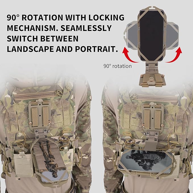 Tactical Gear Plate Carrier Vest Accessories 90° Rotating MOLLE Phone Holder for 4.7-7.8 Screens Foldable Tactical Phone Chest Mount Holder for Police &amp Airsoft Gear