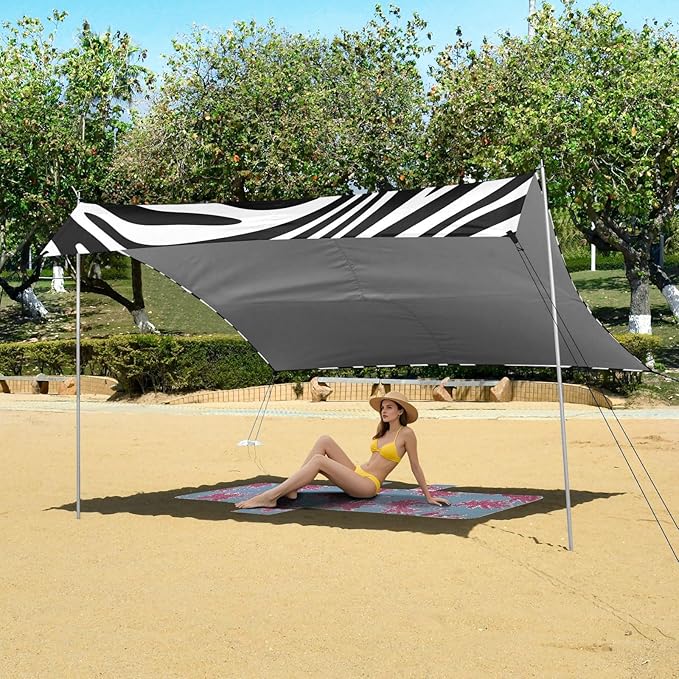 Beach Canopy with Windproof Ropes &amp Sandbags Beach Tent Sun Shade Sun Shelter for Camping Trips Fishing Backyard Fun or Picnics Zebra Elements