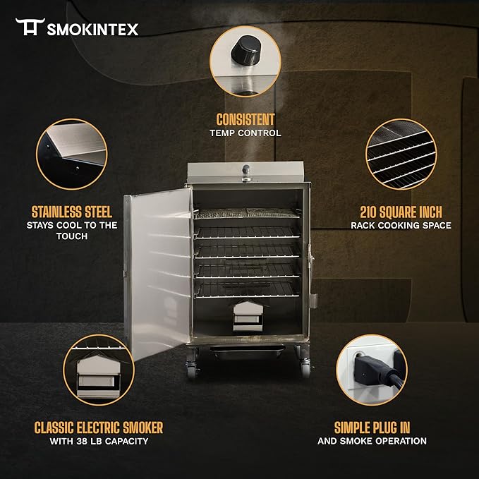 SmokinTex 'The OG' Electric Smoker - Spacious &amp Insulated Stainless Steel Meat Smoker with 700W Heating &amp Temperature Control for BBQ Jerky Vegetables