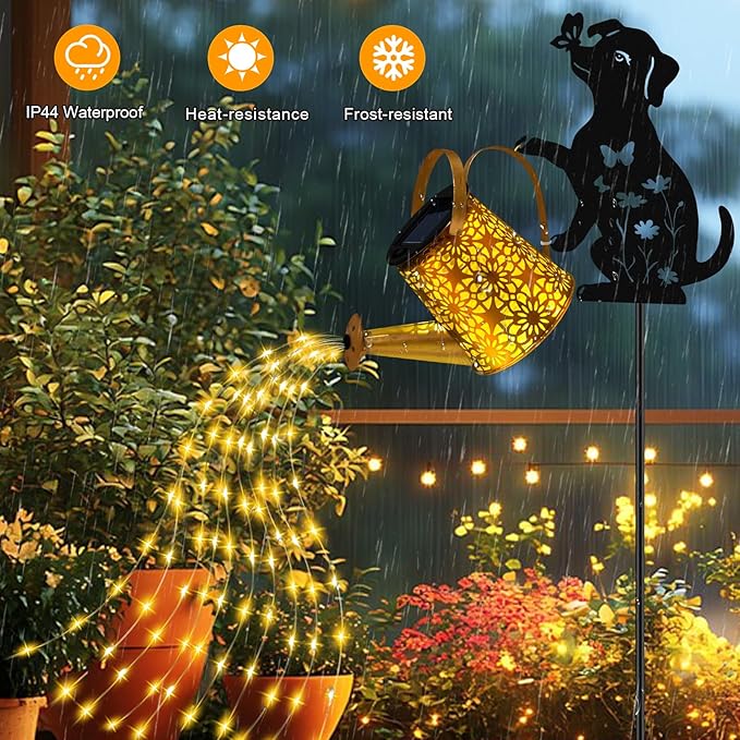 Solar Lights Outdoor Decorative Watering Can with Cascading Lights with Dog Silhouette Garden Stakes Waterproof Metal Garden Decor Mom 2 Pack