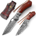2-PCS VG10 Damascus Pocket Knife Set for Men — Folding Knife with Leather Sheath for Gifting Collecting&amp Outdoor Use