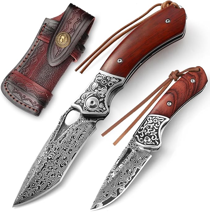 2-PCS VG10 Damascus Pocket Knife Set for Men — Folding Knife with Leather Sheath for Gifting Collecting&amp Outdoor Use