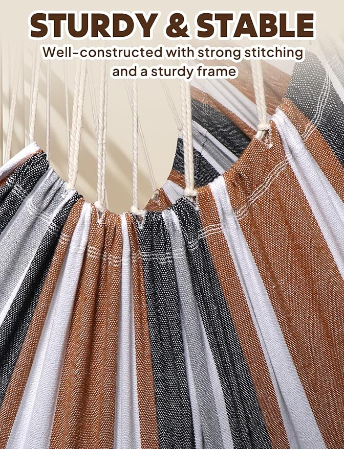 Chihee Hammock Chair Hanging Swing 2 Pillows IncludedStrong Webbing Straps and Hooks for Easy Hanging Soft Cotton Hanging Chair Side Pocket Tassel Chair Comfort Indoor Outdoor Brown Stripes