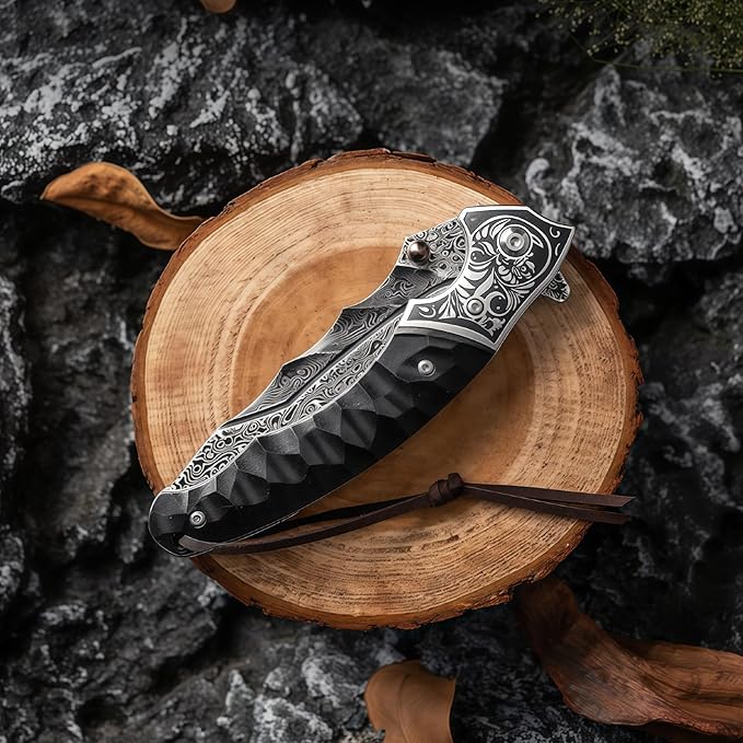 Damascus Steel Folding Knife Personalized Engraving Outdoor Gear Damascus Hunting Knife with Leather Sheath HRC 60 Knives Men Gifts Gifts for Hunters Men who have Everything