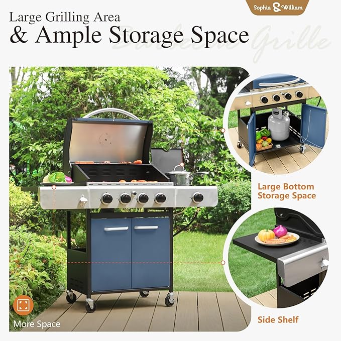 Sophia &amp William 4-Burner Gas BBQ Grill with Side Burner and Porcelain-Enameled Cast Iron Grates 42000BTU Propane Grills Outdoor Cooking Barbecue Cabinet Style Blue