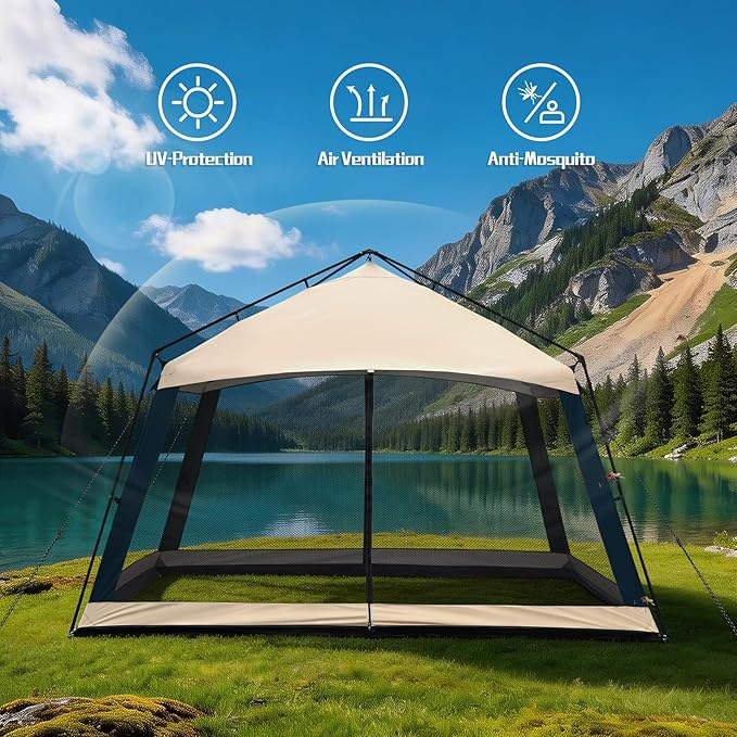 12 x 12 FT Camping Screen Tent for 8-10 Person Easy Setup Screen House with UV 50+ Sun Protection &amp Mosquito Net for Camping Backyard Picnic Patio Outdoor Beige &amp Navy