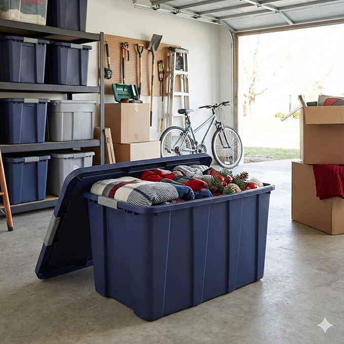 30 Gallon Heavy-Duty Storage Tote with Locking Lid | Rugged Plastic Storage Bin for Garage Basement &amp Attic Organization | Extra-Large 30 Gal Capacity Stackable Design - Dark Blue