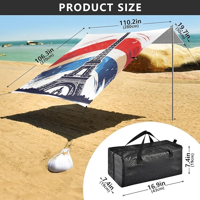 ALAZA Silhouette Eiffel Tower on French Flag Beach Tent Sun Shelter Portable Canopy Sunshade for Outdoor Camping Picnics Backyard Fun 10x9 ft