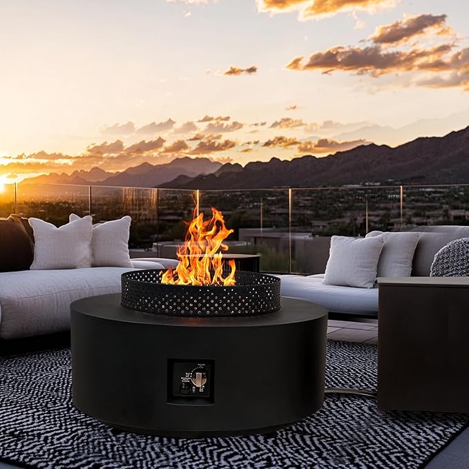 3-Piece Outdoor Fire Pit Table 32 Inch Propane Fire Table 65000 BTU Black Round Gas Firepit Baking Sheet Wind Guard and 16 inches Tank Side Table for Deck Backyard and Pool Black