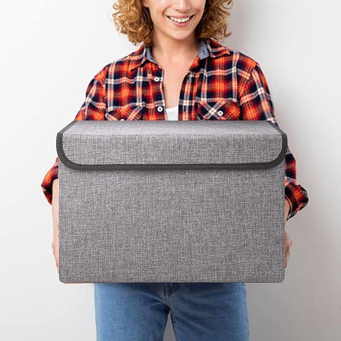 Bagnizer Large 17 42 Quarts Collapsible Stackable Storage Bins with Lids [3-Pack] Foldable Fabric Linen Storage Boxes Cube Closet Organizer Baskets with Label for Home (16.7 x 12 x 12 Gray)