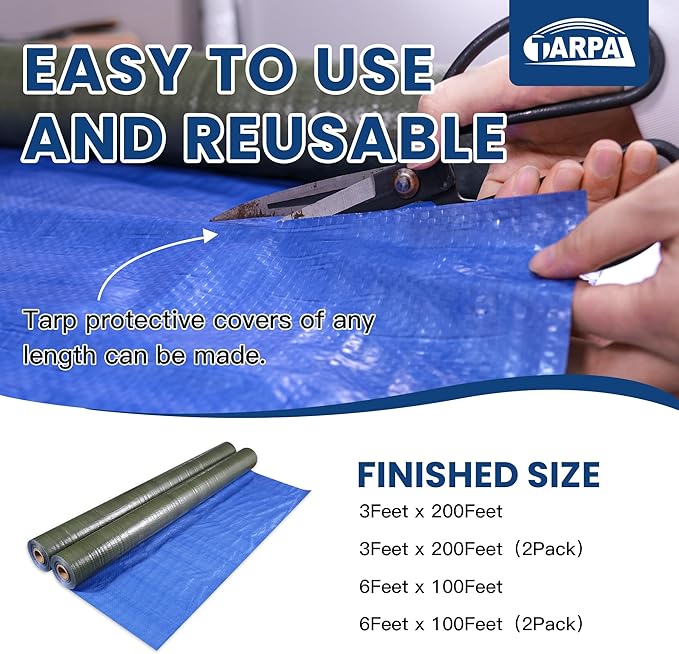 TARPAL 3x200 Feet Tarp Roll 5mil Waterproof Tarps polyethylene Multipurpose Tarp Cover Dustproof Tear Resistant for Decoration Painting Home use（Green/Blue）