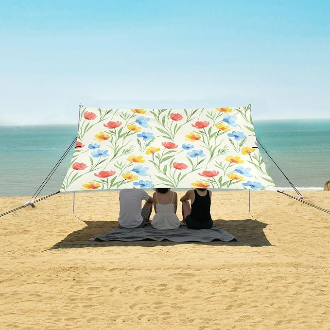xigua Wildflowers Beach Tent Sun Shelter with Carrying Bag - Silver Coated Oxford Fabric Beach Canopy for Beach Camping Fishing - Includes Windproof Ropes Sandbags &amp Stakes
