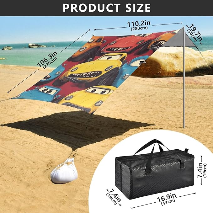 ALAZA Vintage Funny Cars Beach Tent Sun Shelter Portable Canopy Sunshade for Outdoor Camping Picnics Backyard Fun 10x9 ft