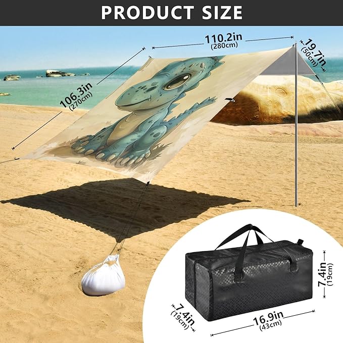 ALAZA Dino Cute Dinosaur Beach Tent Sun Shelter UPF50+ Protection Beach Shade Canopy w/ 4 Sandbags for Outdoor Camping Fishing Backyard Fun Picnic 10x9 ft