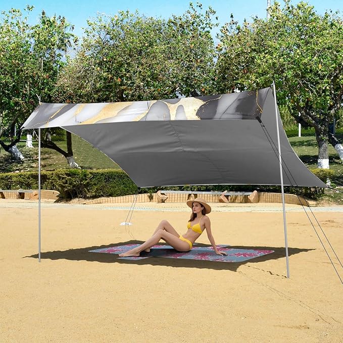 ALAZA Black &amp Gold Marble Modern Beach Tent Sun Shelter UPF50+ Protection Beach Shade Canopy w/ 4 Sandbags for Outdoor Camping Fishing Backyard Fun Picnic 10x9 ft