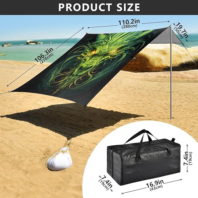 ALAZA Green Dragon Beach Tent Sun Shelter UPF50+ Protection Beach Shade Canopy w/ 4 Sandbags for Outdoor Camping Fishing Backyard Fun Picnic 10x9 ft