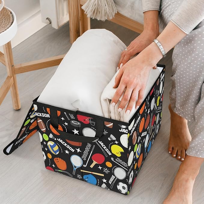 Sport Basketball Soccer Custom Storage Bins with Lid Foldable Fabric Personalized Storage Basket Box with Handle Storage Organizer Container for Home Bedroom Closet