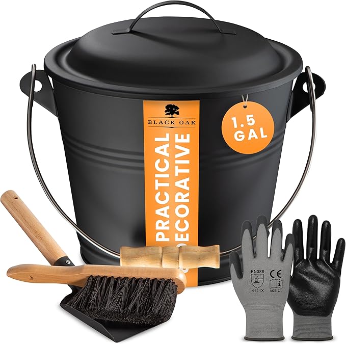 BLACK OAK Ash Bucket Piton 1.5 GAL - Black with lid with Wooden Handle + Brush + Shovel &amp Gloves - 5L Large Steel Fireproof Galvanized &amp Powder-Coated Bucket ash Coal pellets Timeless Design
