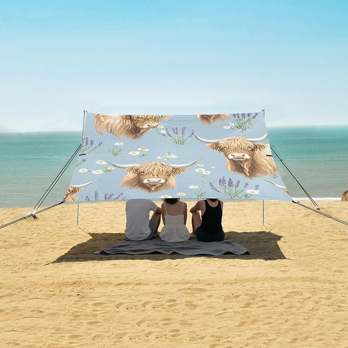 ALAZA Highland Cattle Lavender Pattern Beach Tent Sun Shelter Portable Canopy Sunshade for Outdoor Camping Picnics Backyard Fun 10x9 ft