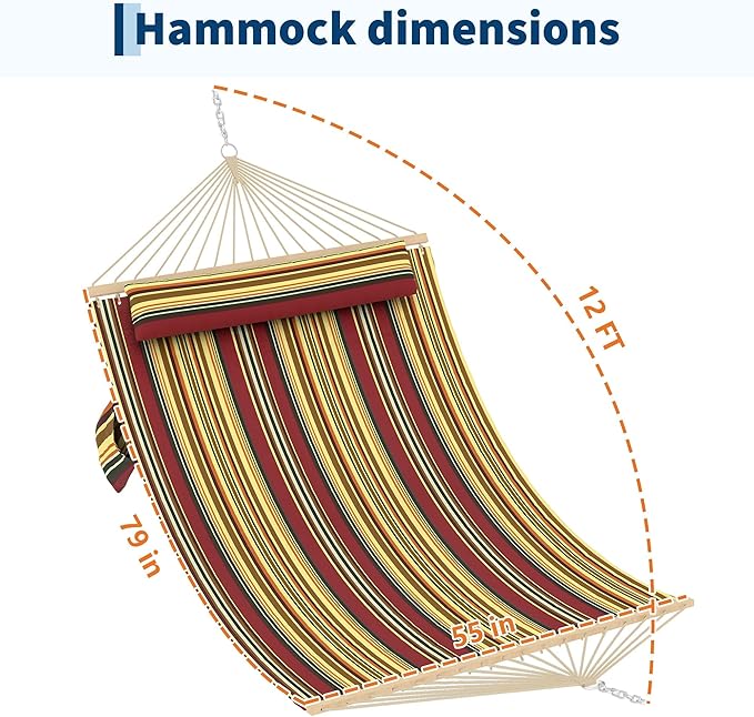 Hammocks 12 FT Double Quilted Fabric Hammock with Spreader Bar and Detachable Pillow 2 Person Hammock for Outdoor Patio Backyard Poolside 450lbs Weight Capacity