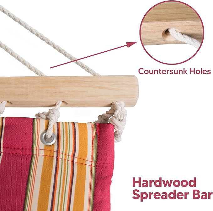 SUNCREAT Double Hammock Quilted Fabric Swing with Spreader Bar Detachable Pillow 55” x79” Large Hammock Red Stripes