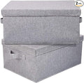 HOONEX Linen Foldable Storage Bins with Lids 2 Pack Storage Boxes with Carrying Handles and Sturdy Heavy Cardboard 16.5 L x 11.8 W x 7.5 H for Shoes Books Clothes Light Grey