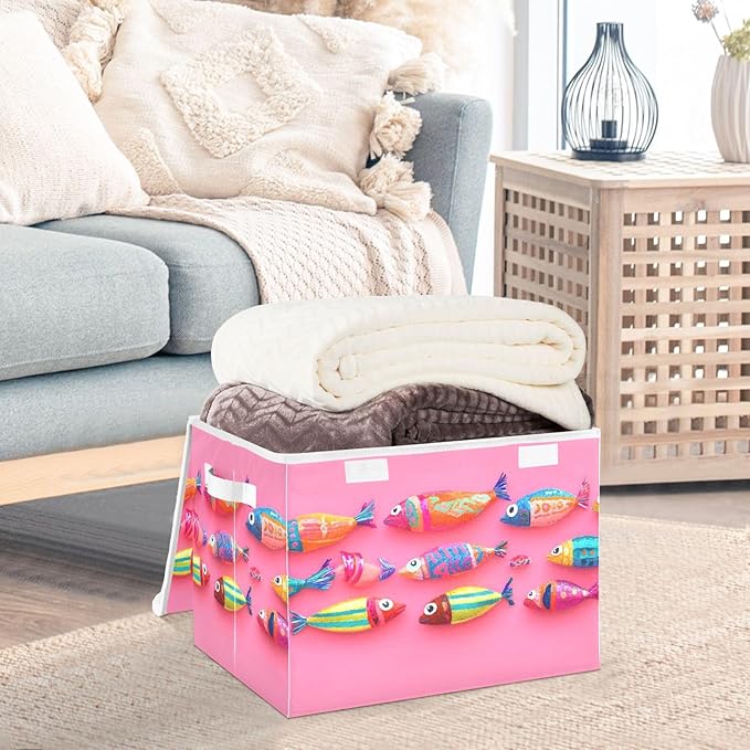 AIXIWAWA Lidded Storage Cube (Cute Fishes) Fabric Foldable Closet Bins with Flip Lid and Handles Organizer Basket Container 16.5 x 12.6 x 11.8 IN