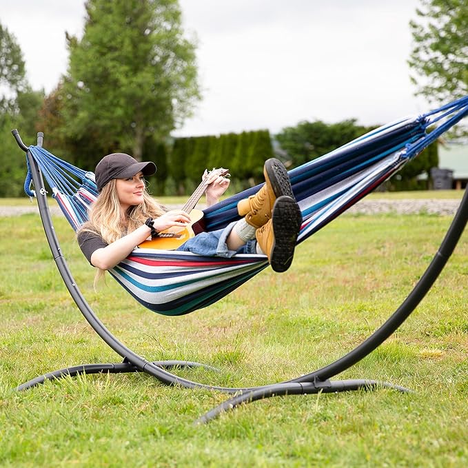 SUNCREAT Hammocks for Outside with Stand Porch Hammock and Stand 475 lbs Capacity Blue &amp Red Stripes