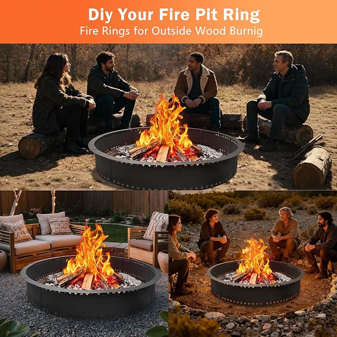 DFLU Smokeless Fire Pit Ring 48 inch Inner 52 inch Outer Large Firepit Ring Insert Metal Steel Round Firepit Ring for Outside Wood Burning DIY Fire Pits Outdoor Fire Place for Camping Patio Backyard
