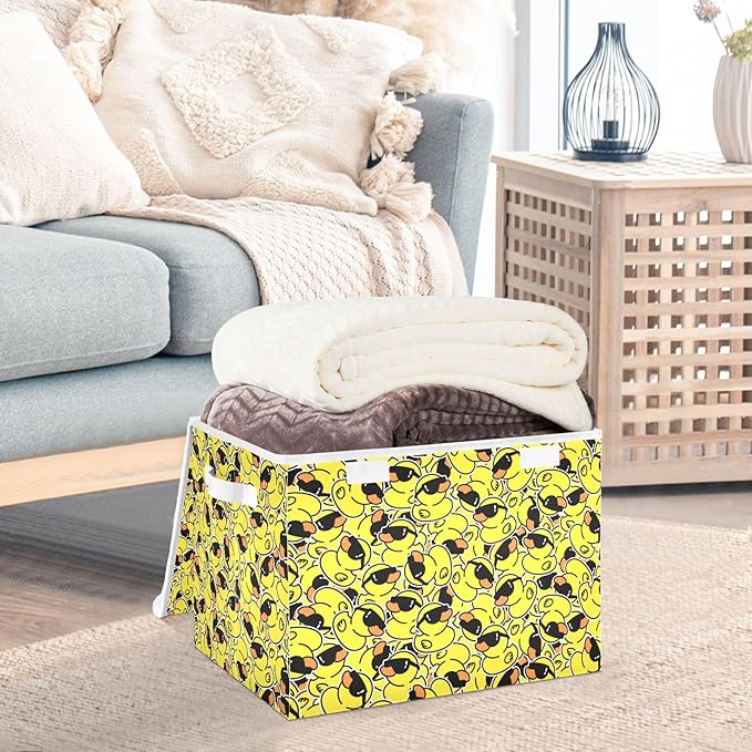 Yellow Duck Cartoon Lidded Home Storage Bins Closet Storage Bins Foldable Oxford Fabric Storage Box for Home Bedroom Closet Office (16.5x12.6x11.8 in)