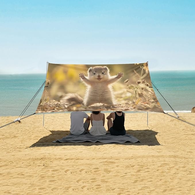 Cute Squirrel Beach Tent Sun Shelter Set UPF50+ UV Protection 10.5 x 9.19 FT Camping Shade Canopy with Sandbags Sand Anchors Carrying Bag and Others