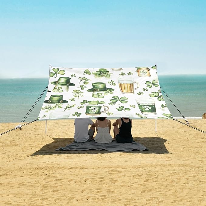 xigua St. Patrick's Day Beach Tent Sun Shelter with Carrying Bag - Silver Coated Oxford Fabric Beach Canopy for Beach Camping Fishing - Includes Windproof Ropes Sandbags &amp Stakes