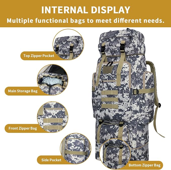 Hiking Backpack 100L Large Camping Backpack Expandable Waterproof MOLLE Rucksack Outdoor Sport Travel Daypack Military Tactical Back pack for Men Women (Camouflage)