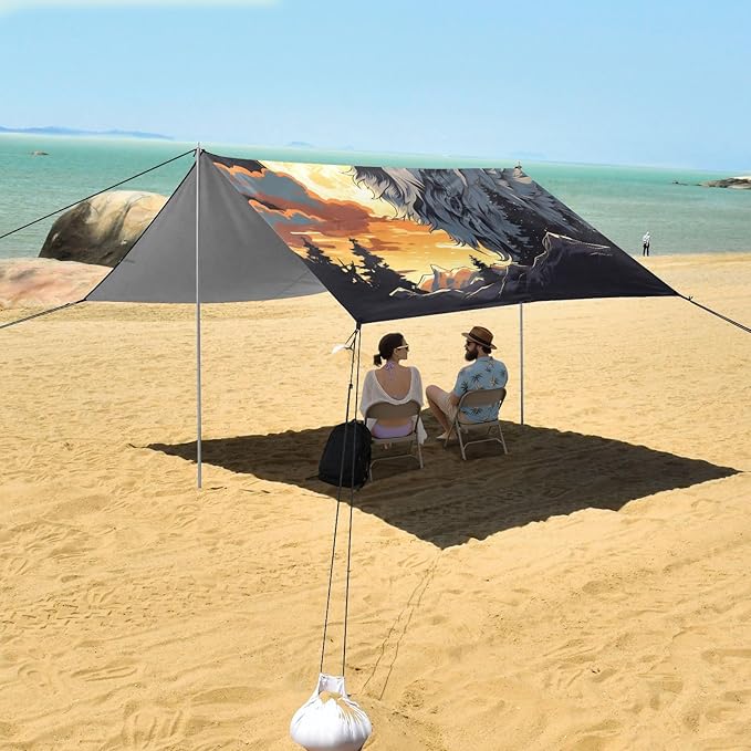 ALAZA Wolf Moon Mountain Beach Tent Sun Shelter Portable Canopy Sunshade for Outdoor Camping Picnics Backyard Fun 10x9 ft
