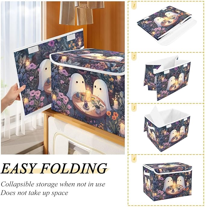 Collapsible Storage Bins with Lids Decorative Fabric Storage Cubes Closet Organizer and Storage Basket Boxes Containers for Clothes Box Chest Folding Rectangle Cute Ghost Flower Plant