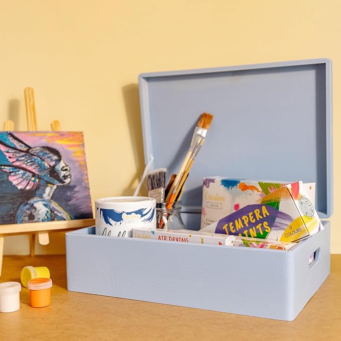 Creative Deco XL Blue Wooden Box Storage with Hinged Lid | 15.8x11.8x5.5in (+-0.5) | Keepsake with Handles | Gift Box for Tool Dog Toy Kitchen Storage | Wood Chest Trunk