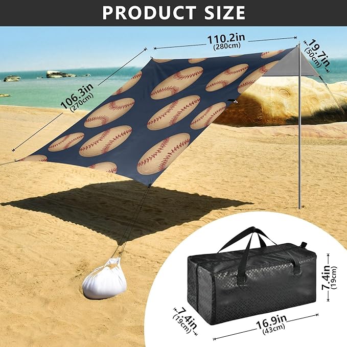 xigua Baseball Beach Tent Sun Shelter with Carrying Bag - Silver Coated Oxford Fabric Beach Canopy for Beach Camping Fishing - Includes Windproof Ropes Sandbags &amp Stakes