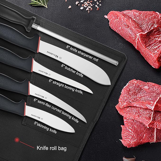 6PCS Professional Butcher Knife Set with Softgrip 8 Butcher 6 Semi-Flex/Stiff Boning 5 Skinning 8 Sharpener Rod &amp Knife Roll Bag for Home Kitchen Camping Hunting