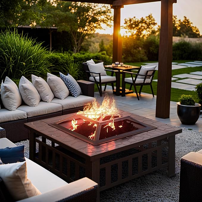 Greesum Multifunctional Patio Fire Pit Table 32in Square Metal BBQ Firepit Stove Backyard Garden Fireplace with Spark Screen Lid and Rain Cover for Camping Outdoor Heating Bonfire Dark Black