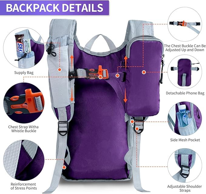 Hiking Backpack 10L/15L Small Daypack Lightweight Packable Travel Foldable Water Resistan for Women Men (Deep Purple 10L)