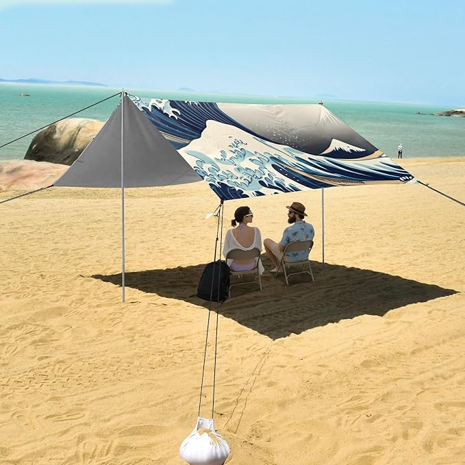 Beach Canopy with Windproof Ropes &amp Sandbags Beach Tent Sun Shade Sun Shelter for Camping Trips Fishing Backyard Fun or Picnics Waves