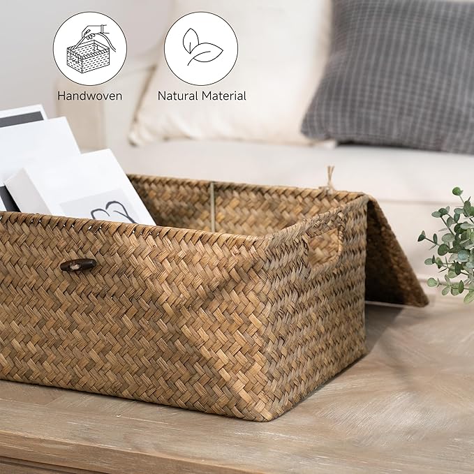 StorageWorks Bundle of 1-Pack Large Wicker Storage Basket &amp 1-Pack Wicker Baskets with Lid