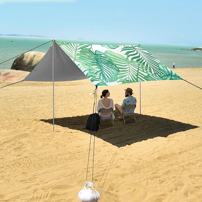 xigua Leaf Beach Tent Sun Shelter with Carrying Bag - Silver Coated Oxford Fabric Beach Canopy for Beach Camping Fishing - Includes Windproof Ropes Sandbags &amp Stakes