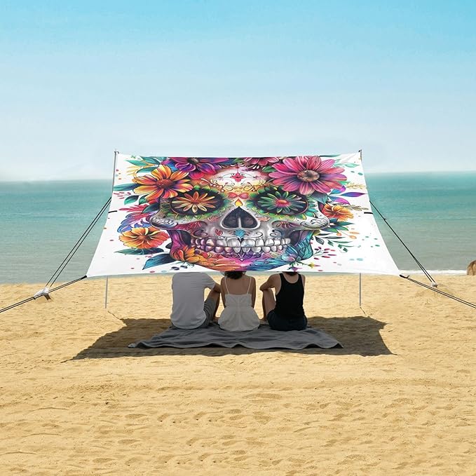 ALAZA Colorful Human Skull Mexican Floral Tattoo Beach Tent Sun Shelter Portable Canopy Sunshade for Outdoor Camping Picnics Backyard Fun 10x9 ft