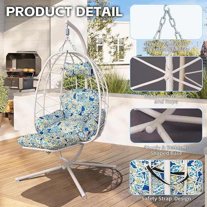 Hanging Egg Chair with Stand Outdoor Indoor Patio Rattan Swing Hammock Chairs with Washable Cushion PE Wicker Swing Chair for Backyard Bedroom Garden (White + Floral Cushion with Footrest)