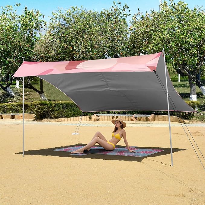 Rose Pink Foldable Beach Tent UPF50+ Protection Lightweight Portable Sun Shelter with Sandbags &amp Sand Shovel for Camping Picnics Backyard